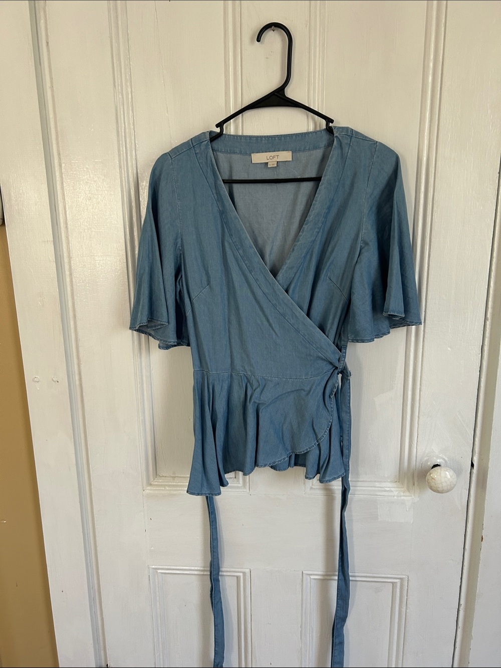 LOFT Light Blue Chambray Wrap Peplum Top